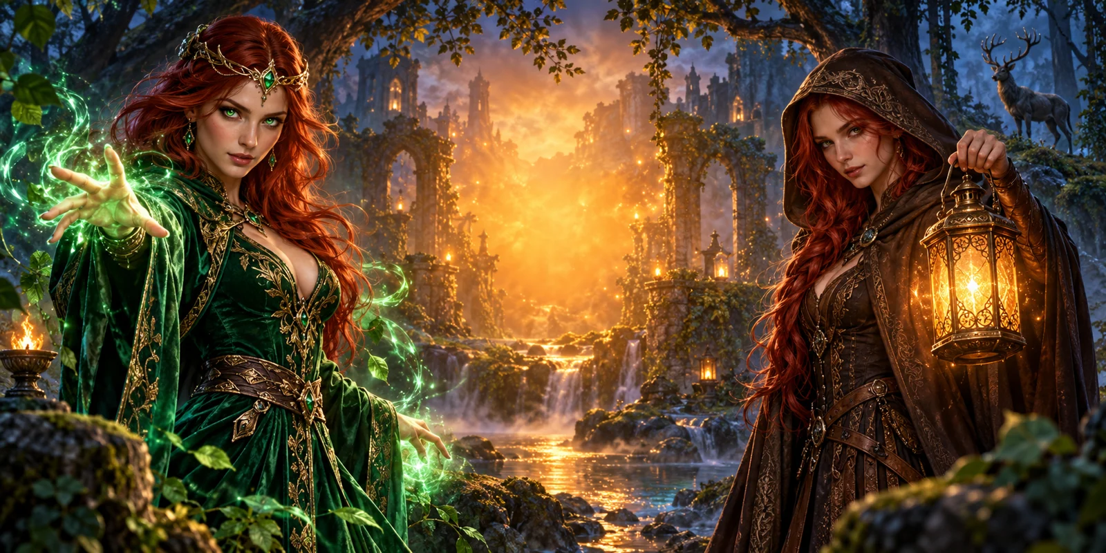 Foresta fantastica e personaggi adulti